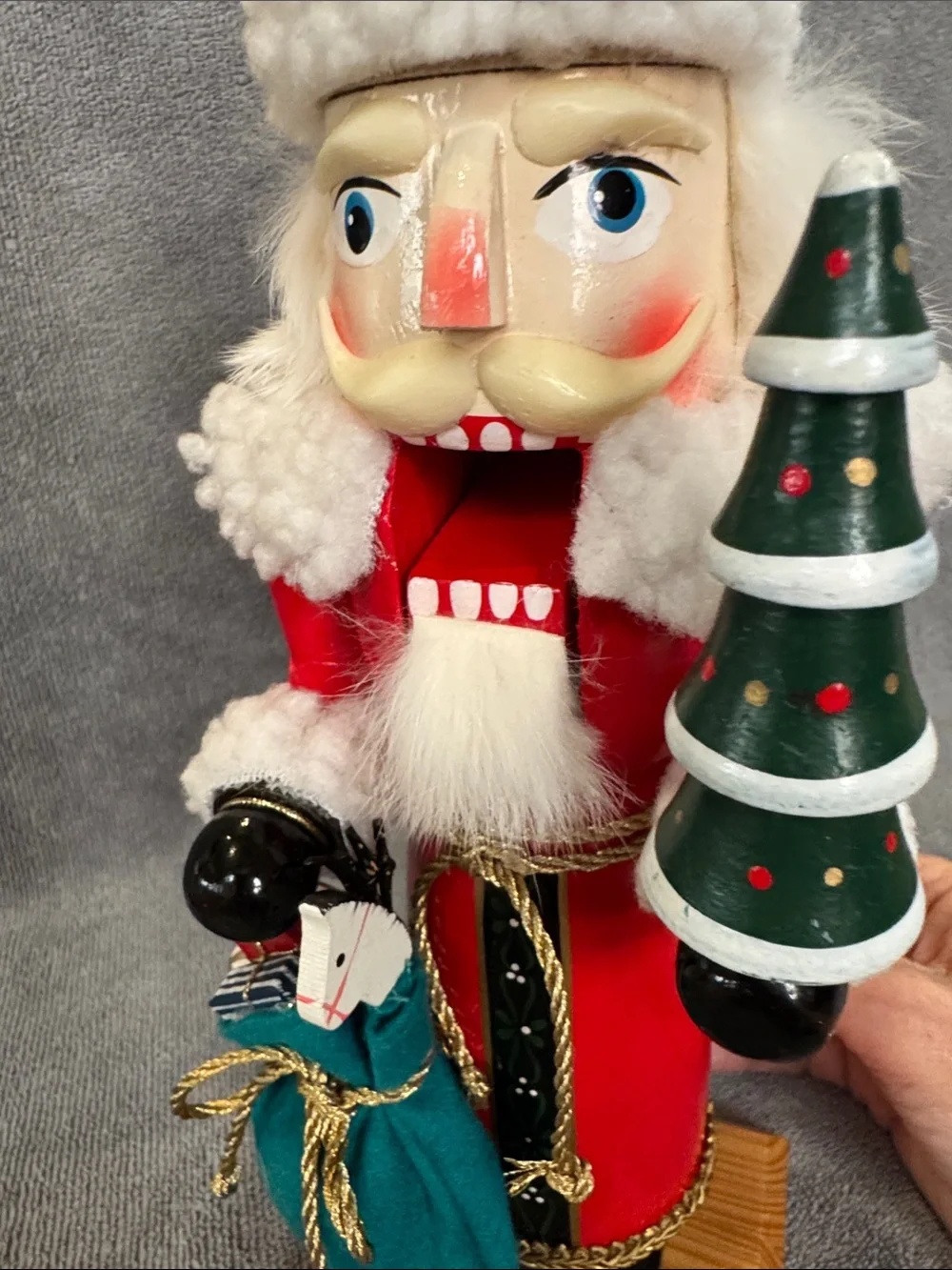 1990s 13.75 inch Santa Nutcracker with Green Tree and Sack of Toys Holiday Decor